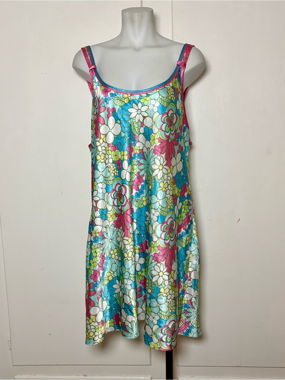 Vintage Y2K Groovy Flower Power Satin Mini Slip Dress